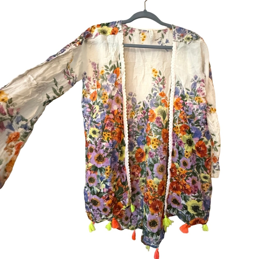 Raga Floral Kimono Women XS White Tassel Trim Boho‎ Open Front Gauze Cardigan